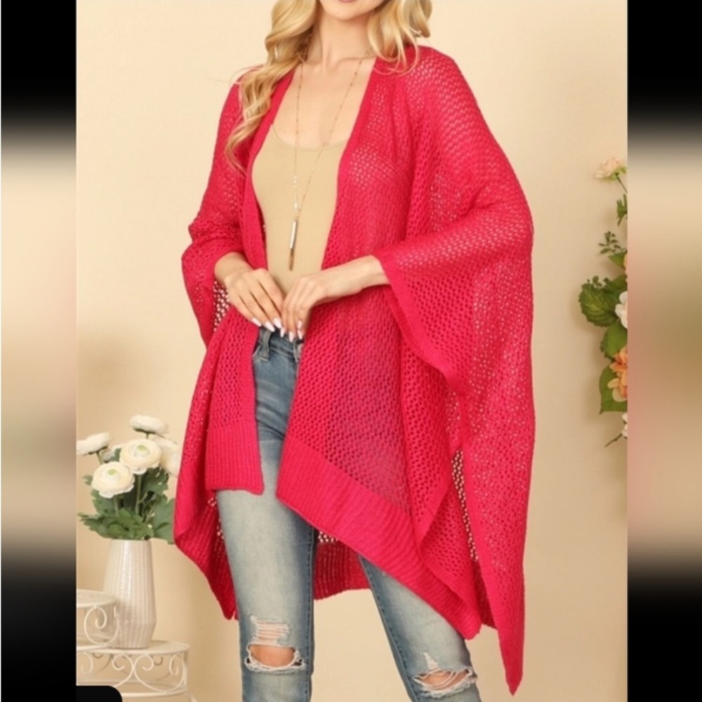 Vibrant Pink Open Knit Cardigan Layering Light Sweater NEW - Mesh Kimono Crochet - Picture 1 of 7
